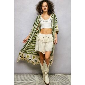 POL Boho Crochet Longline Cardigan Green Floral Heart Knit Duster ONE SIZE